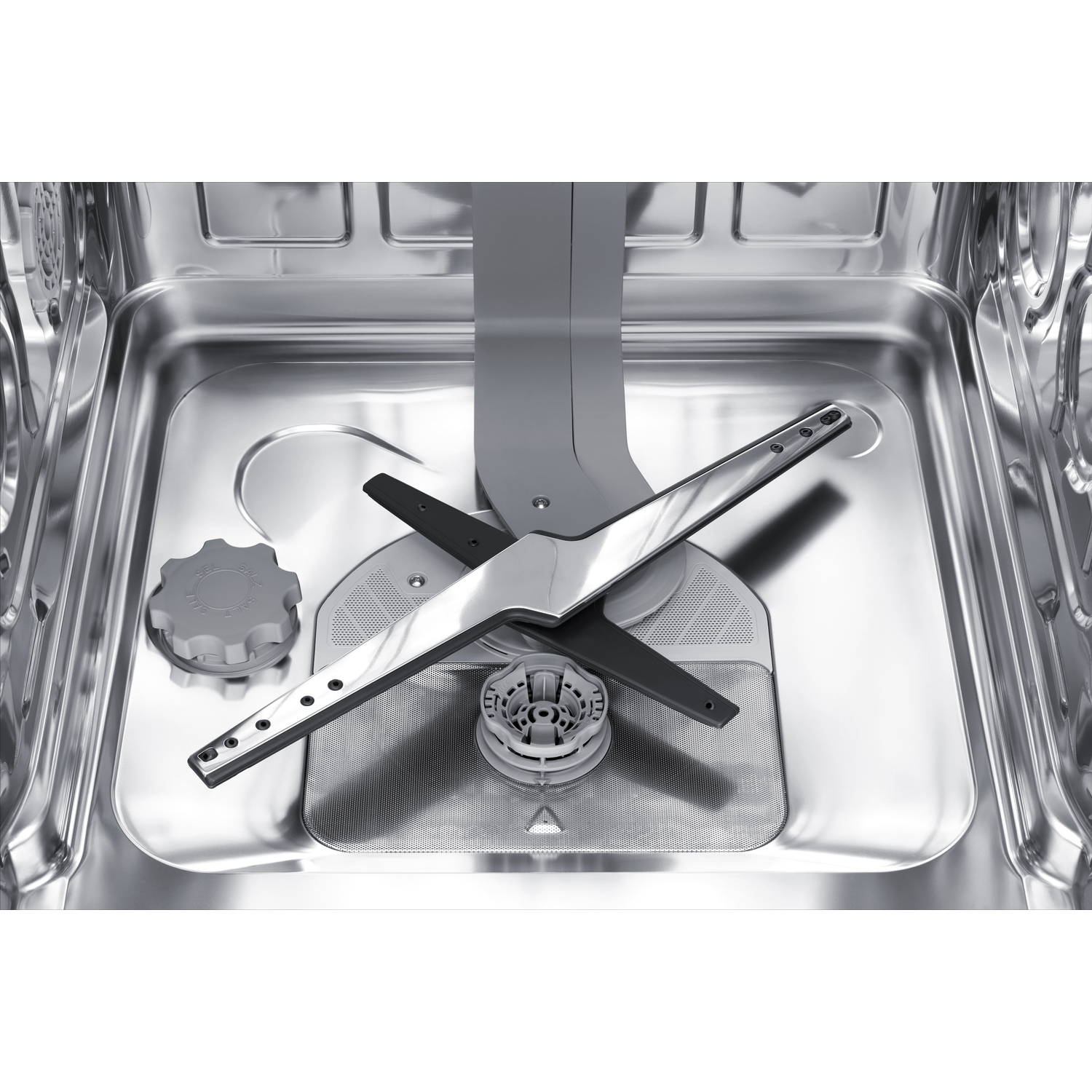 Inside view of a clean dishwasher tub with a silver spray arm and gray filter.