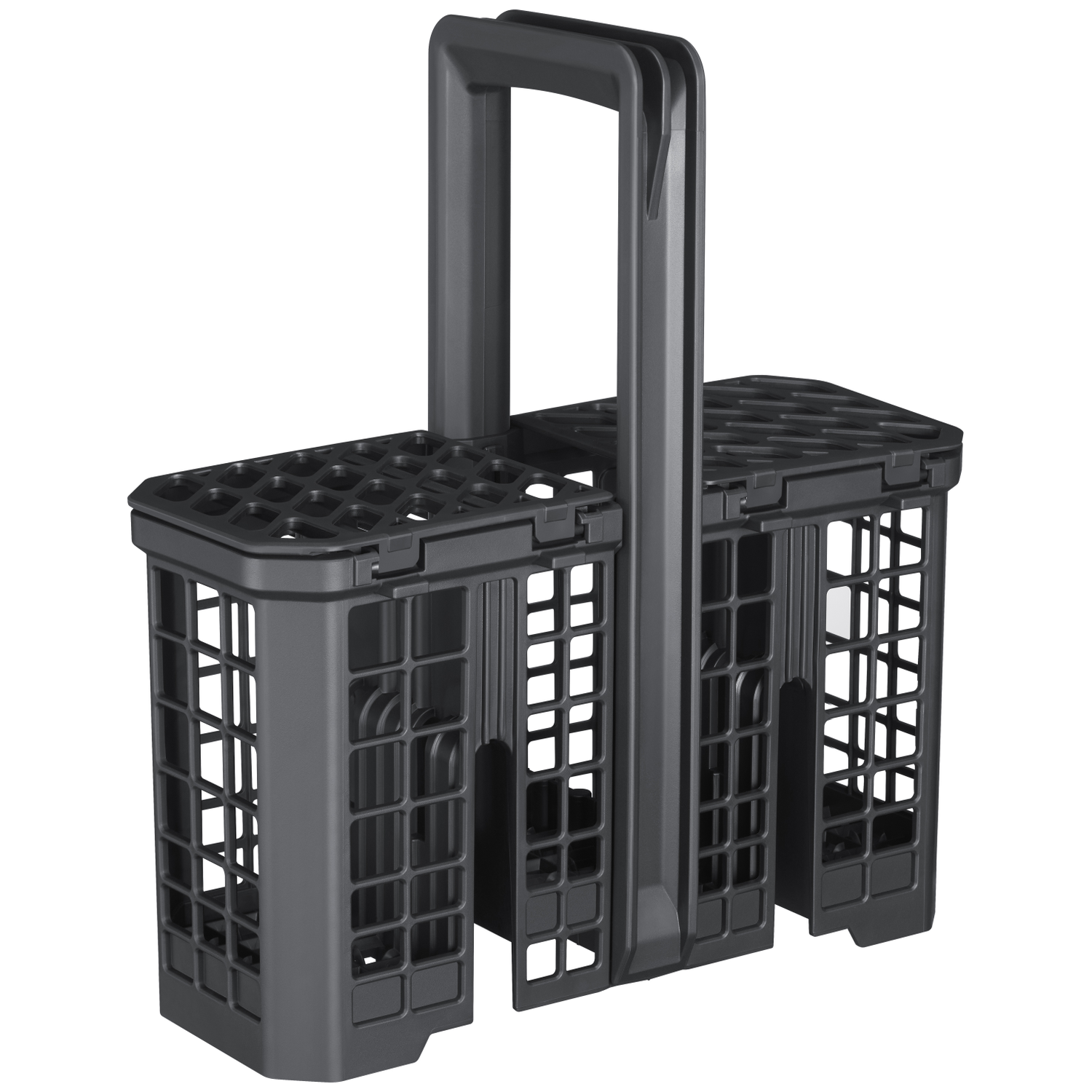 A dark plastic dishwasher basket with a handle. It has three compartments.