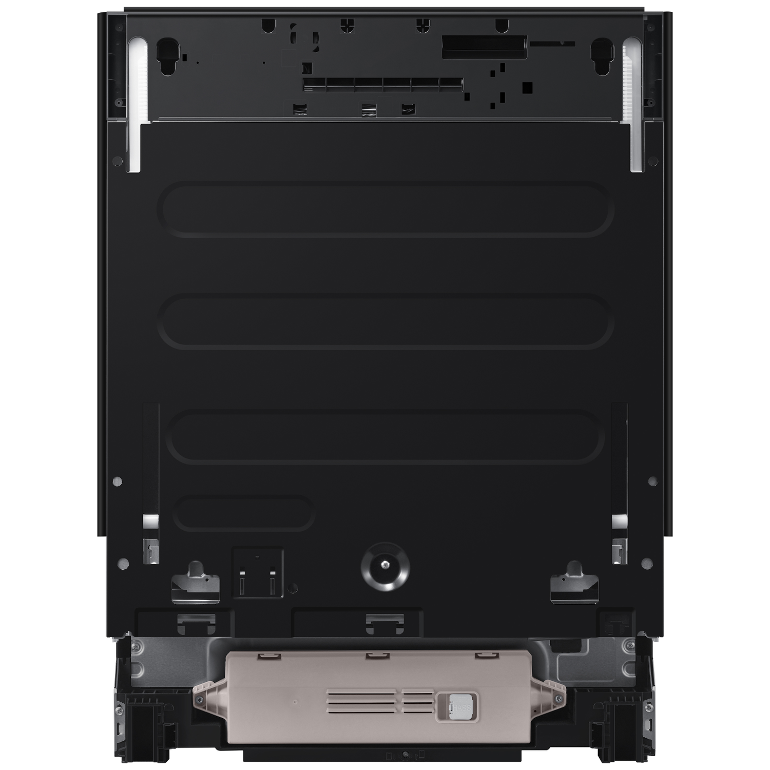 Back of a black appliance with horizontal grooves and connectors.