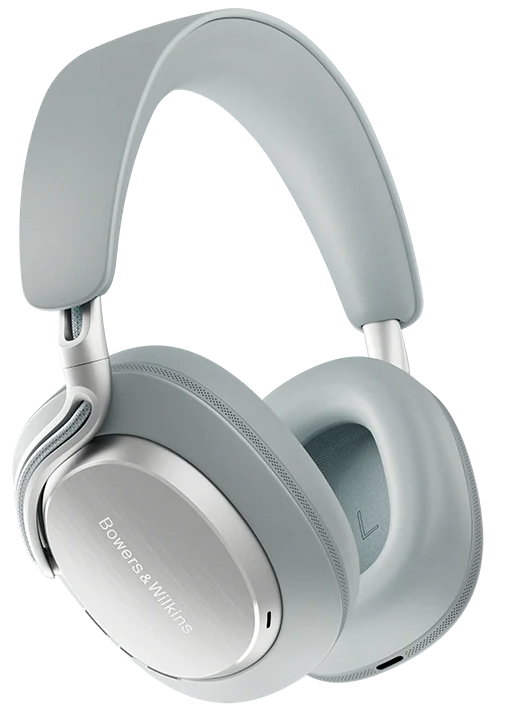 Szare słuchawki Bowers & Wilkins ze srebrnymi akcentami, na białym tle.