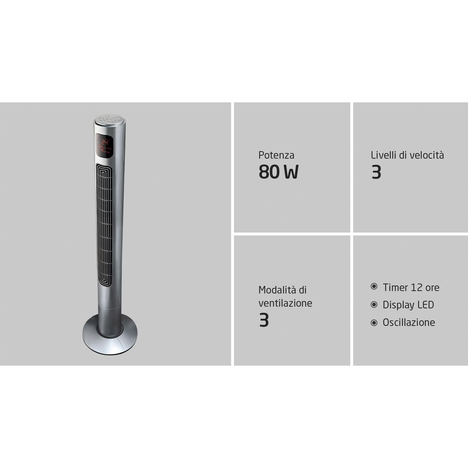 Un elegante ventilatore a torre argentato con display LED e 80W.