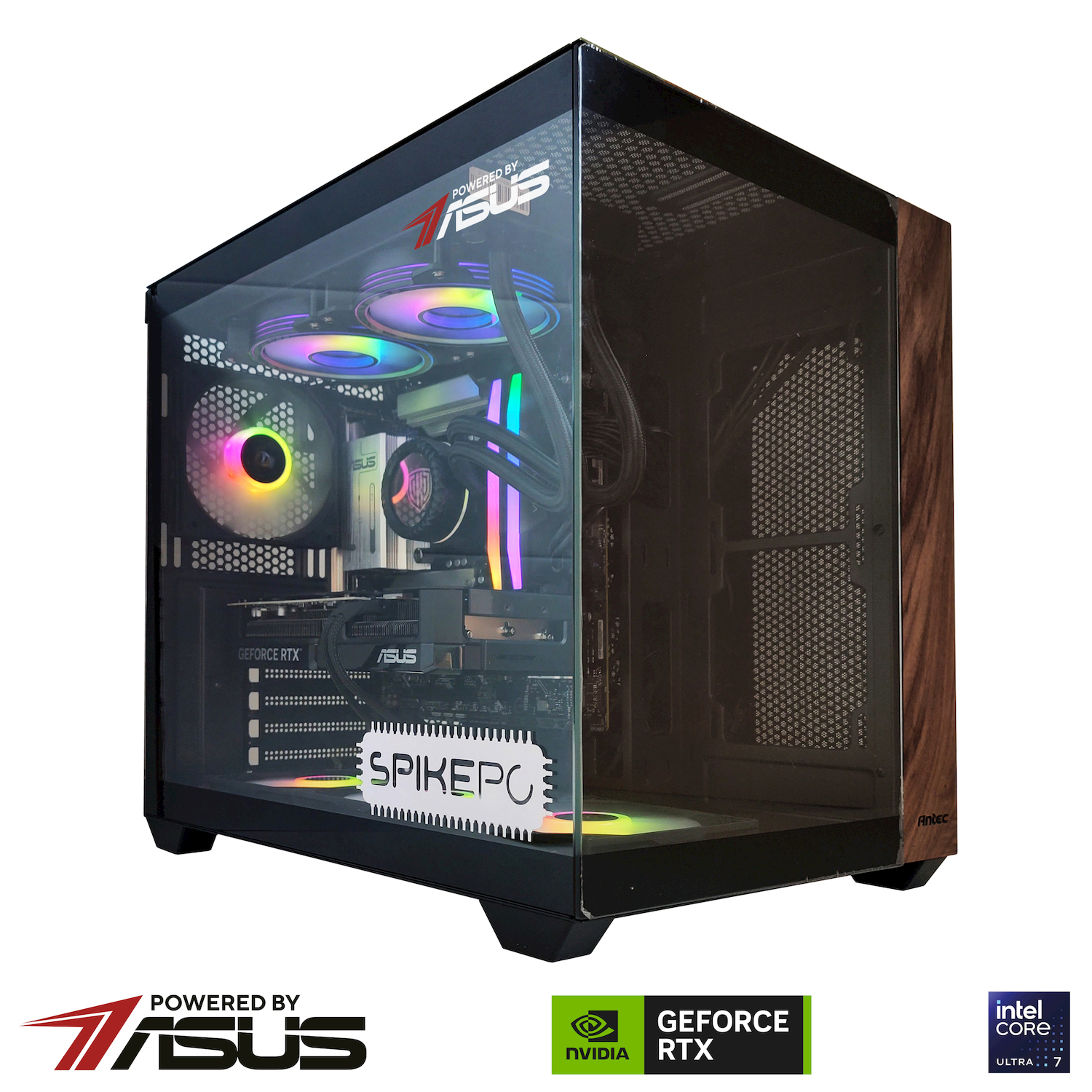 Un case per computer nero con un pannello laterale trasparente che mostra luci e componenti interni colorati, e un pannello frontale con venature del legno.