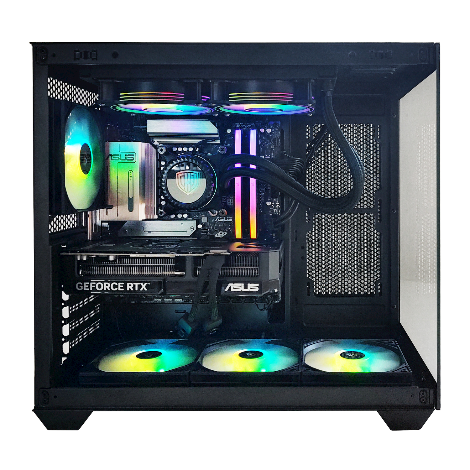 Un PC aperto con illuminazione RGB, scheda grafica e ventole.