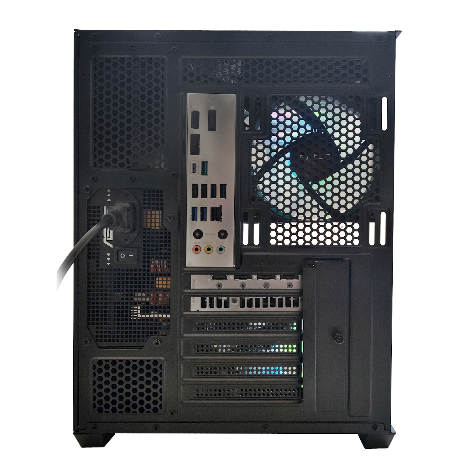Vista posteriore di un case per computer desktop nero con una ventola LED colorata e varie porte, tra cui USB, audio e alimentazione.