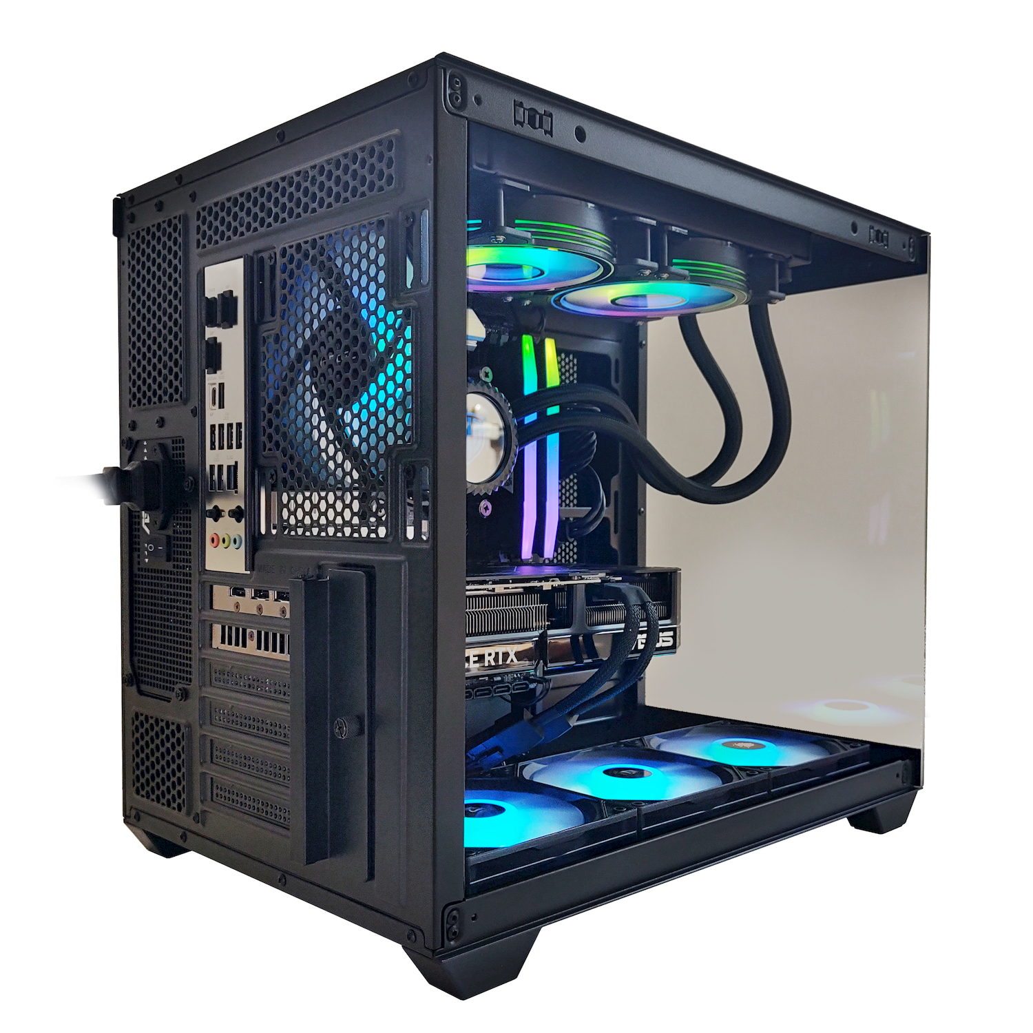 Case PC nero con ventole e luci RGB. Pannello laterale mostra i componenti interni.