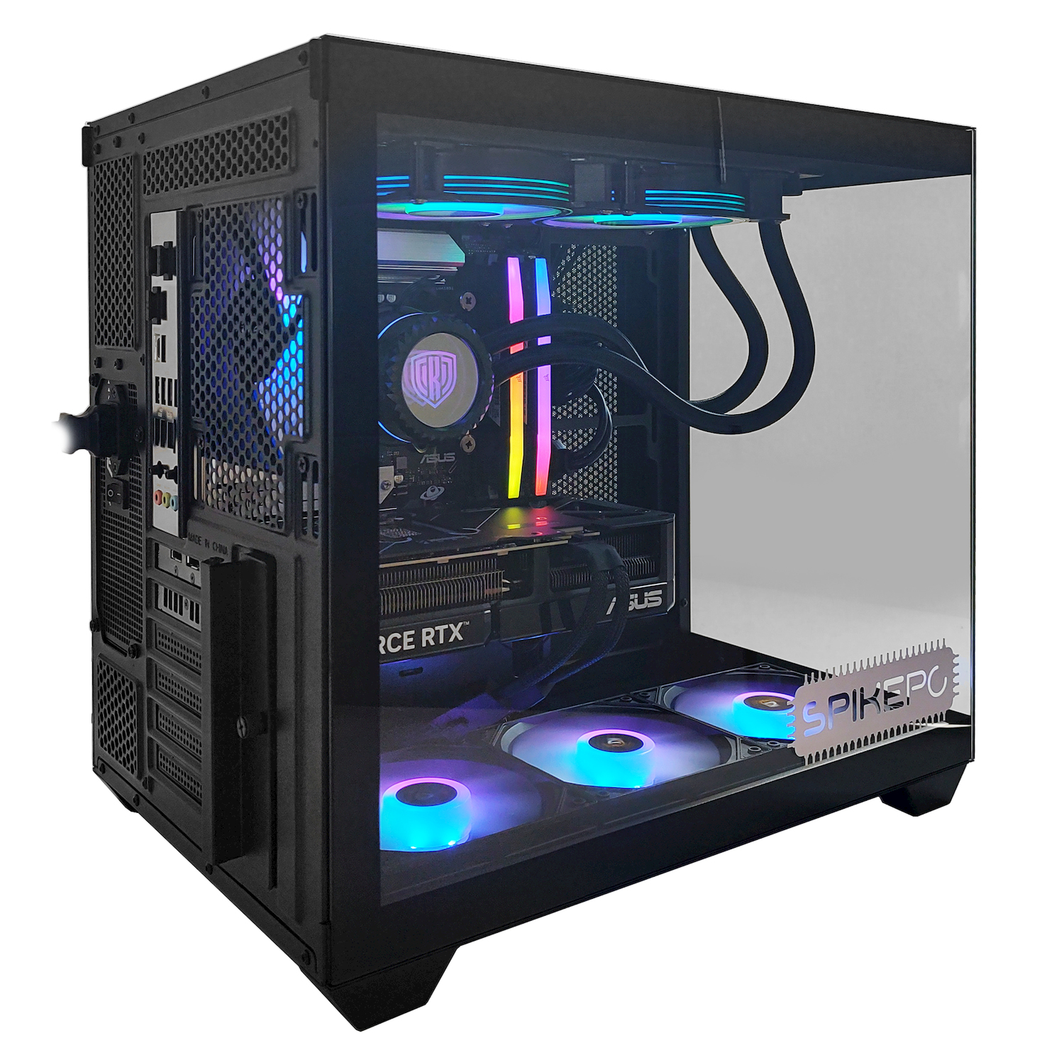 Un case PC nero con ventole RGB e pannello laterale trasparente. Componenti interni visibili.