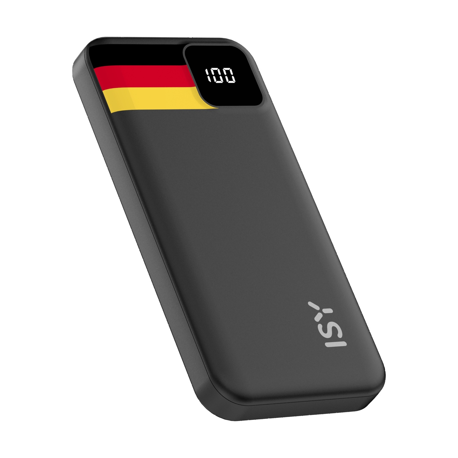 Power bank nero con bandiera tedesca e display al 100%.