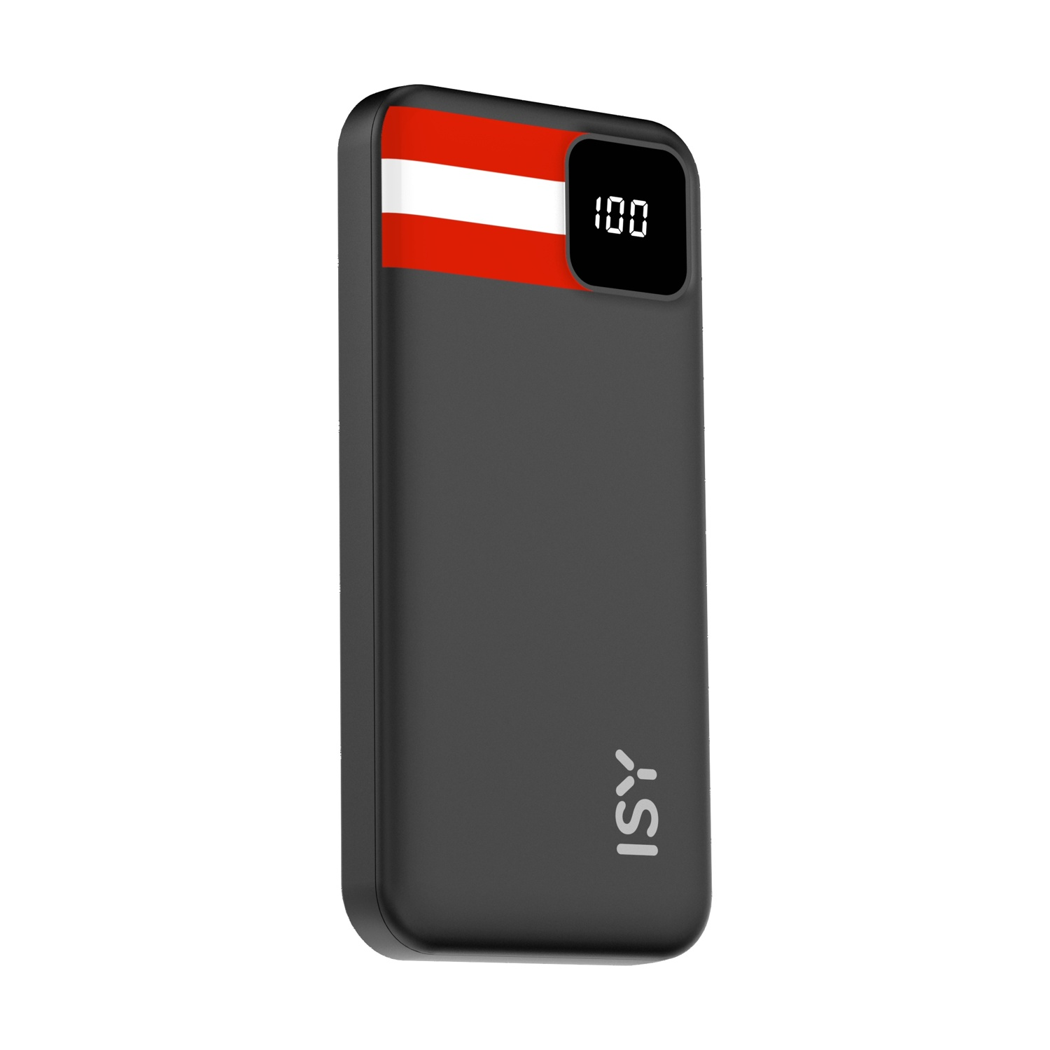 Un power bank nero con una striscia rossa e bianca, simile alla bandiera austriaca, e un display digitale '100'.