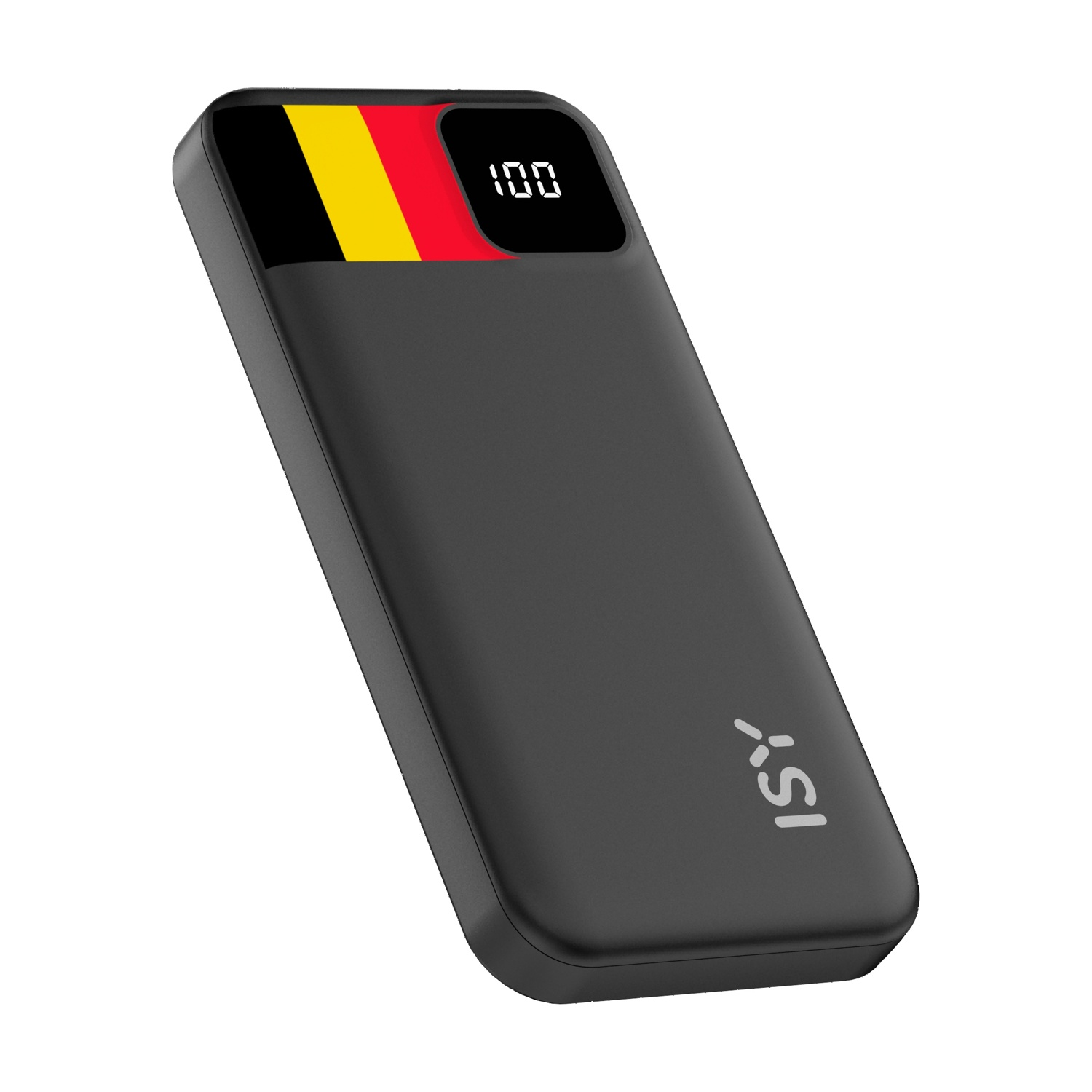Un power bank nero rettangolare con design della bandiera belga e "100" visualizzato sullo schermo, inclinato su sfondo bianco.