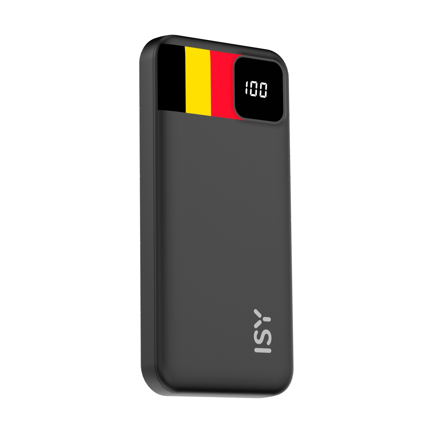 Power bank nero con bandiera belga e display al 100%.