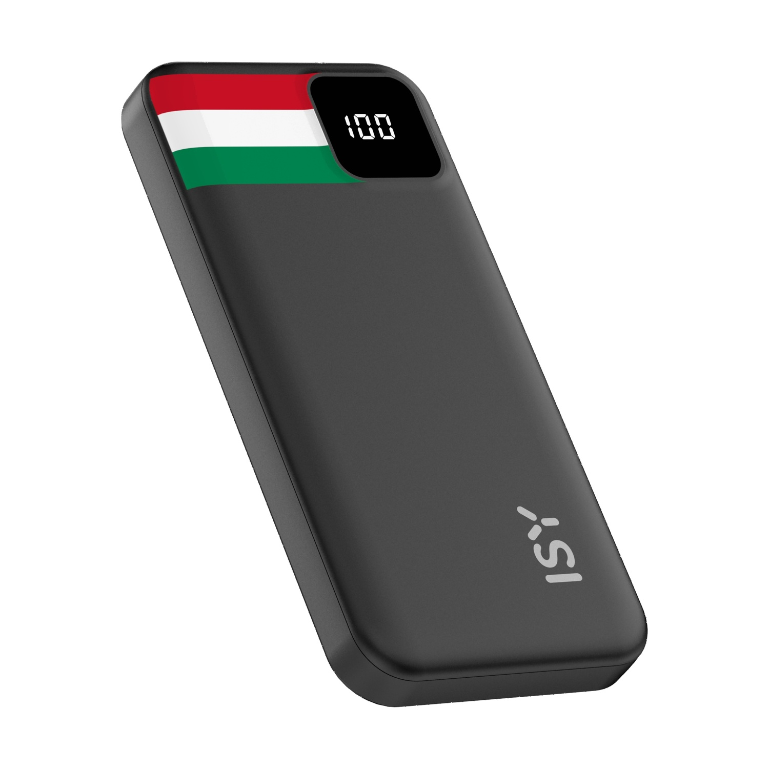 Un power bank nero con la bandiera ungherese e un display digitale.