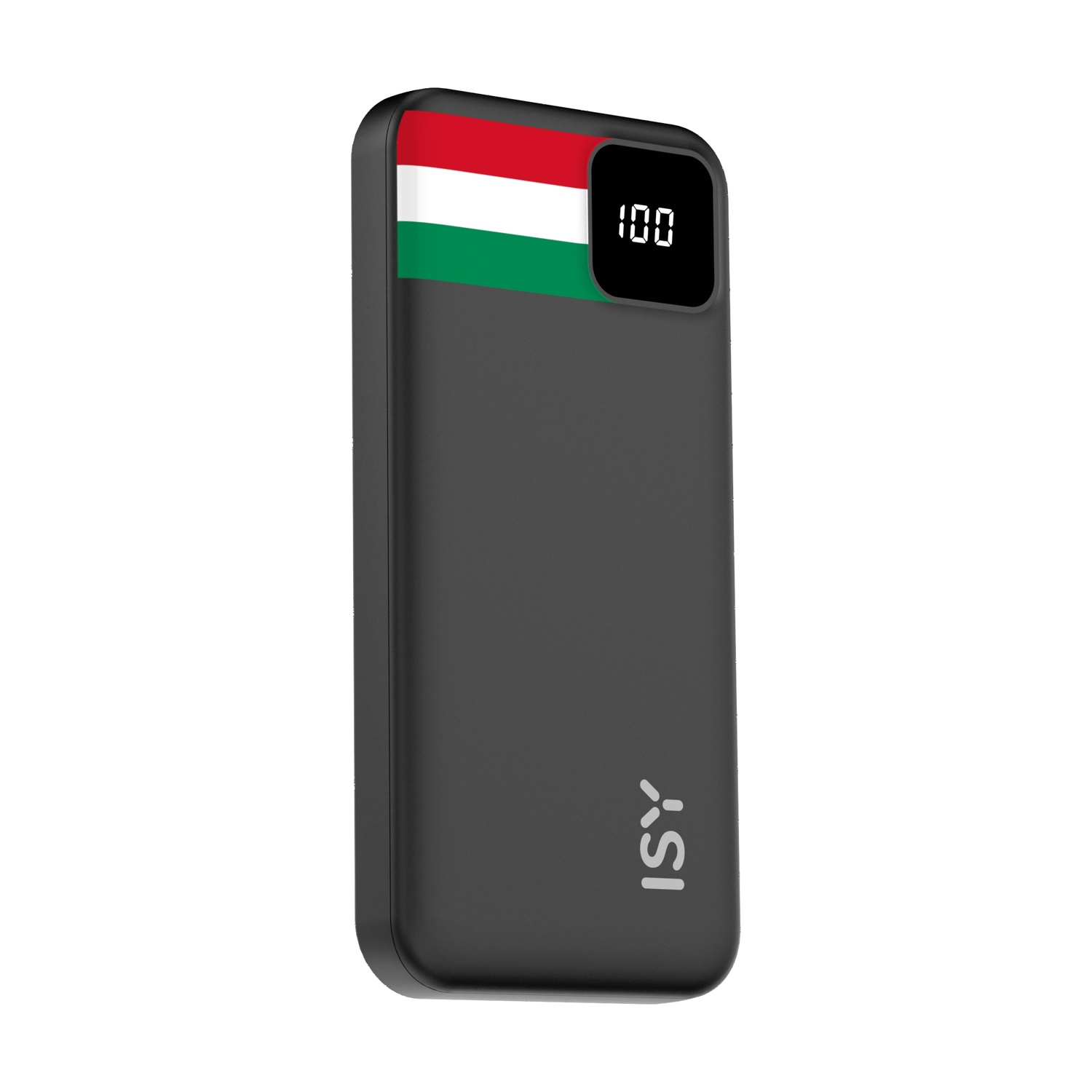 Un power bank nero con bandiera ungherese e display digitale.