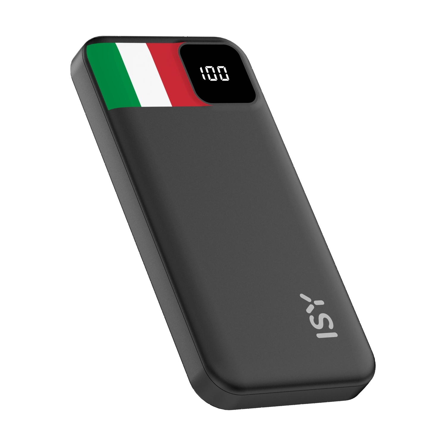 Power bank nera con bandiera italiana e indicatore di carica 100%.