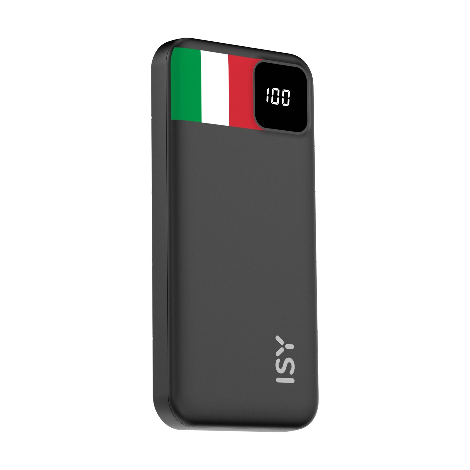 Power bank ISY nera con bandiera italiana e indicatore di carica 100%.