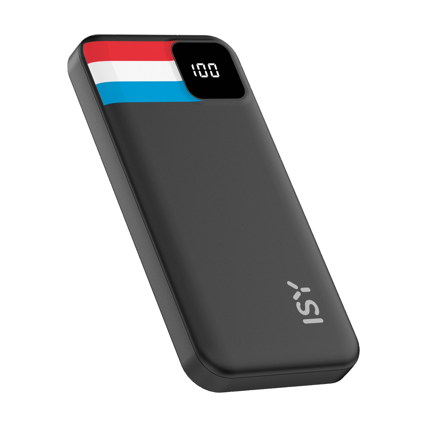 Power bank nero con bandiera del Lussemburgo e indicatore di carica 100%.
