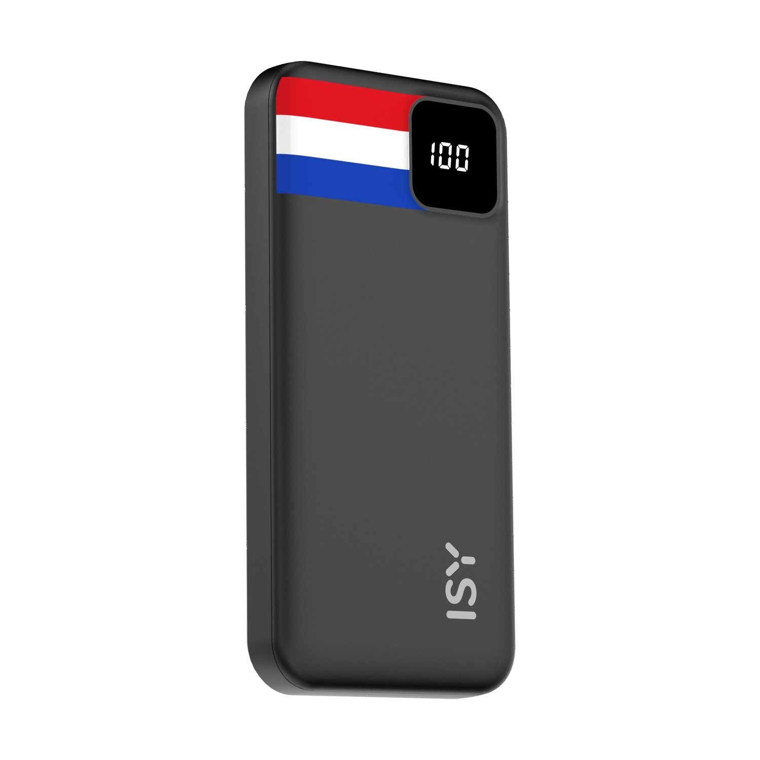 Un power bank rettangolare nero con una striscia rossa, bianca e blu in alto, che mostra "100" su un display digitale.