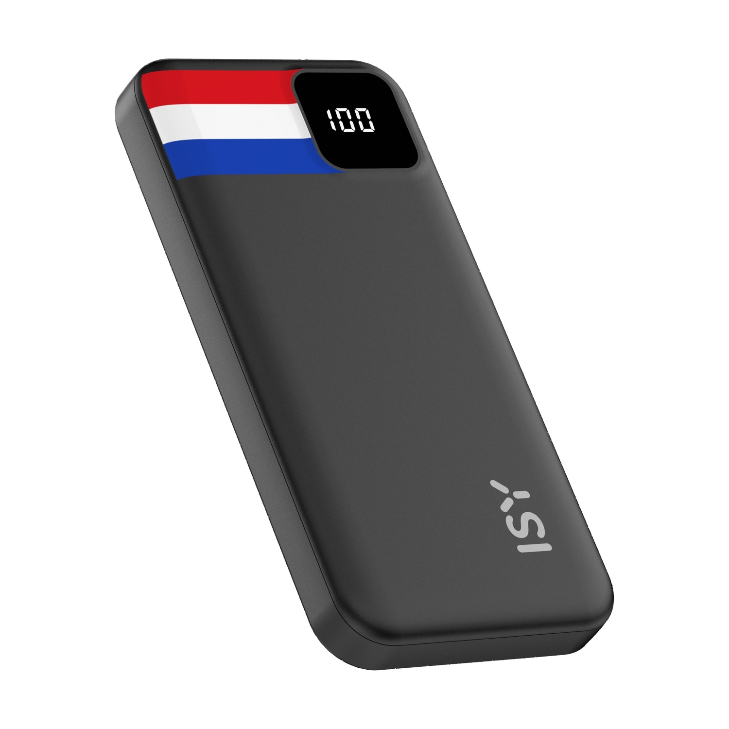 Power bank nero con bandiera olandese e display al 100%.