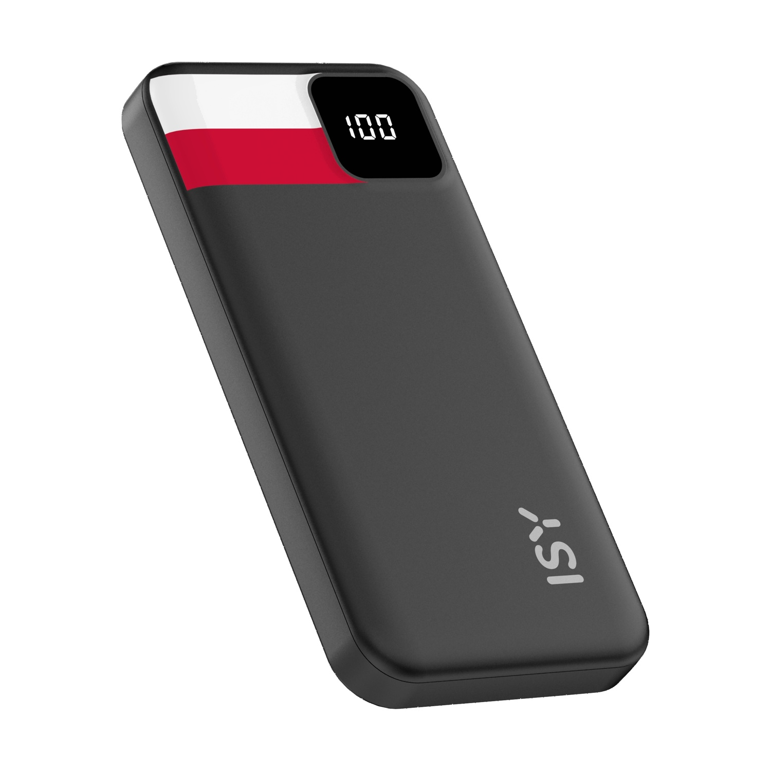 Un power bank rettangolare nero con una striscia bianca e rossa, che mostra '100' su un display digitale e il logo 'ISY'.