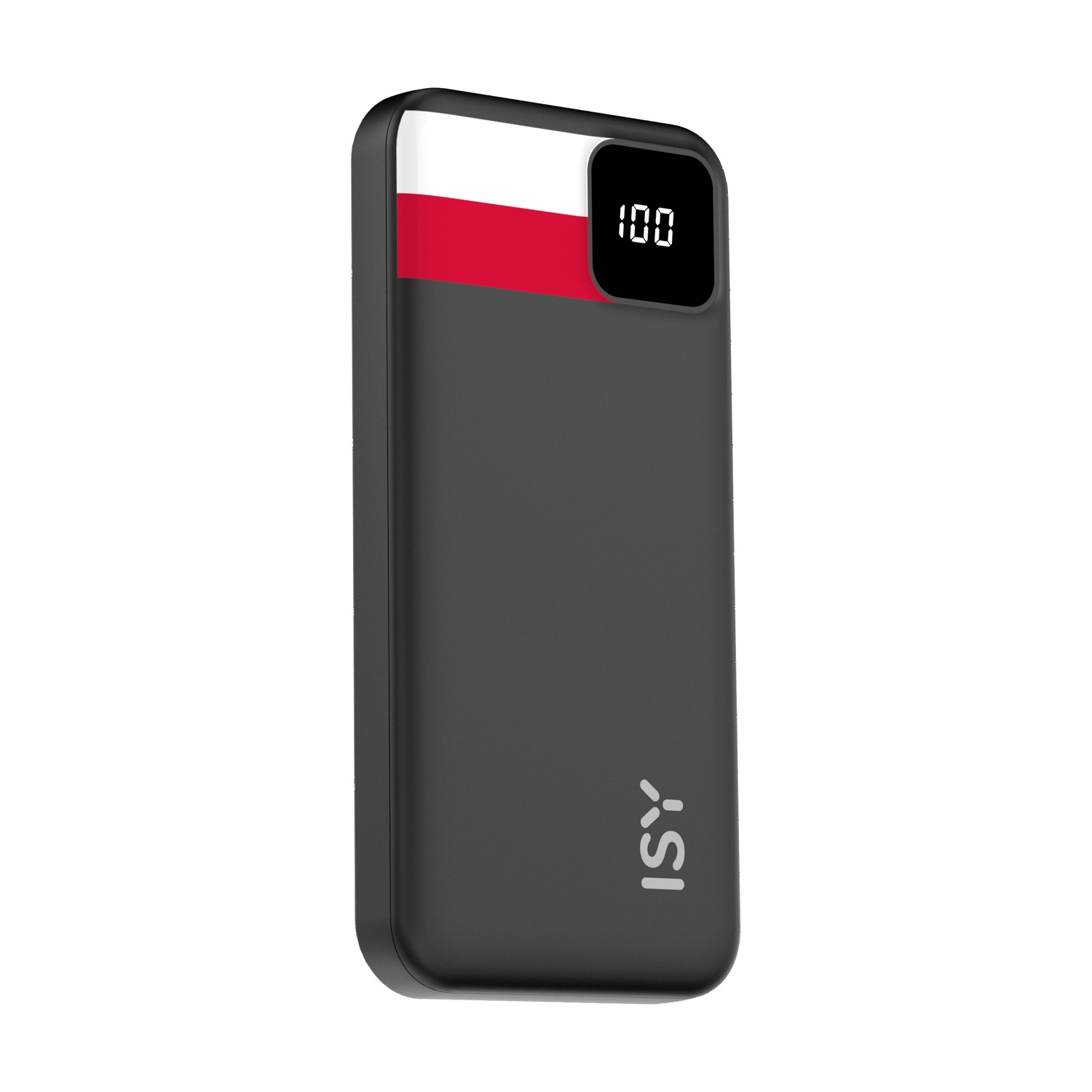Un power bank nero con bandiera polacca e display digitale.
