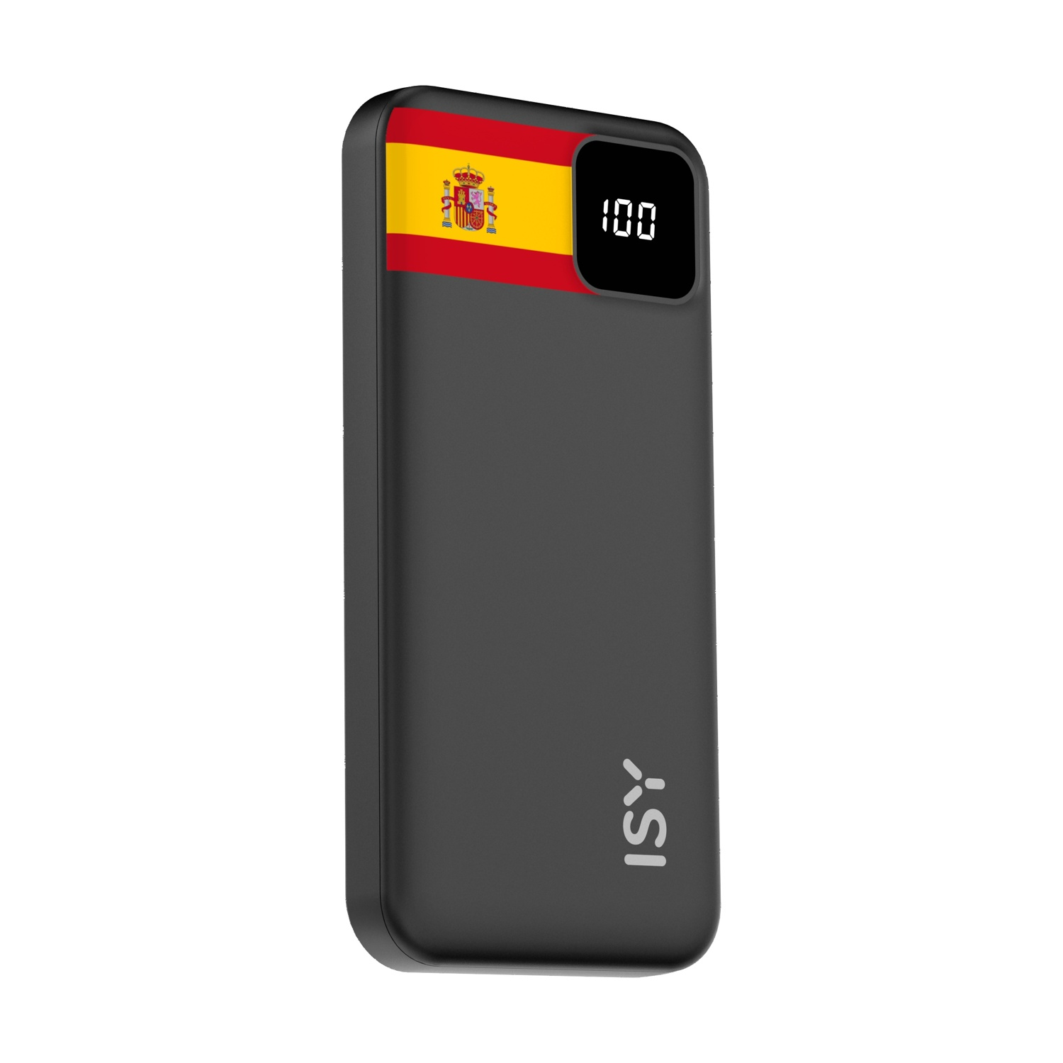 Un power bank ISY nero con bandiera spagnola e indicatore 100%.