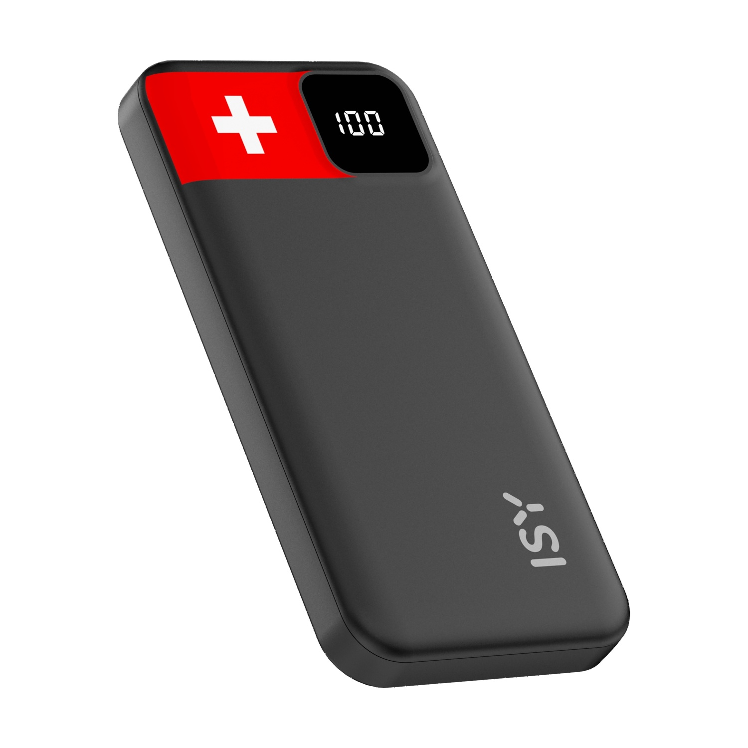 Power bank nero con bandiera svizzera e display digitale.