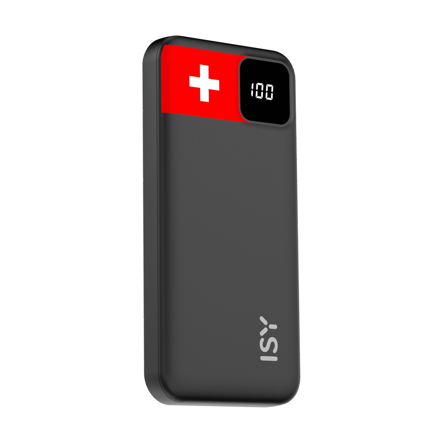 Power bank nero con striscia rossa e croce bianca; display digitale mostra 100.