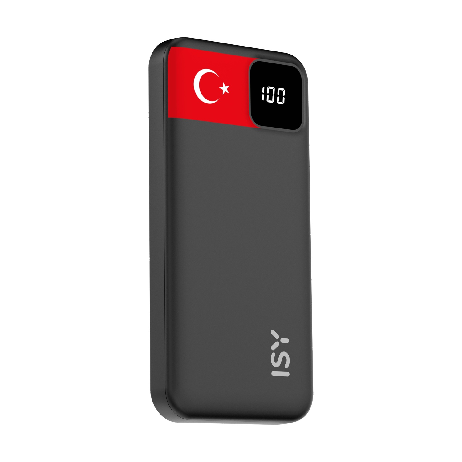 Un power bank scuro con bandiera turca e display digitale 100.