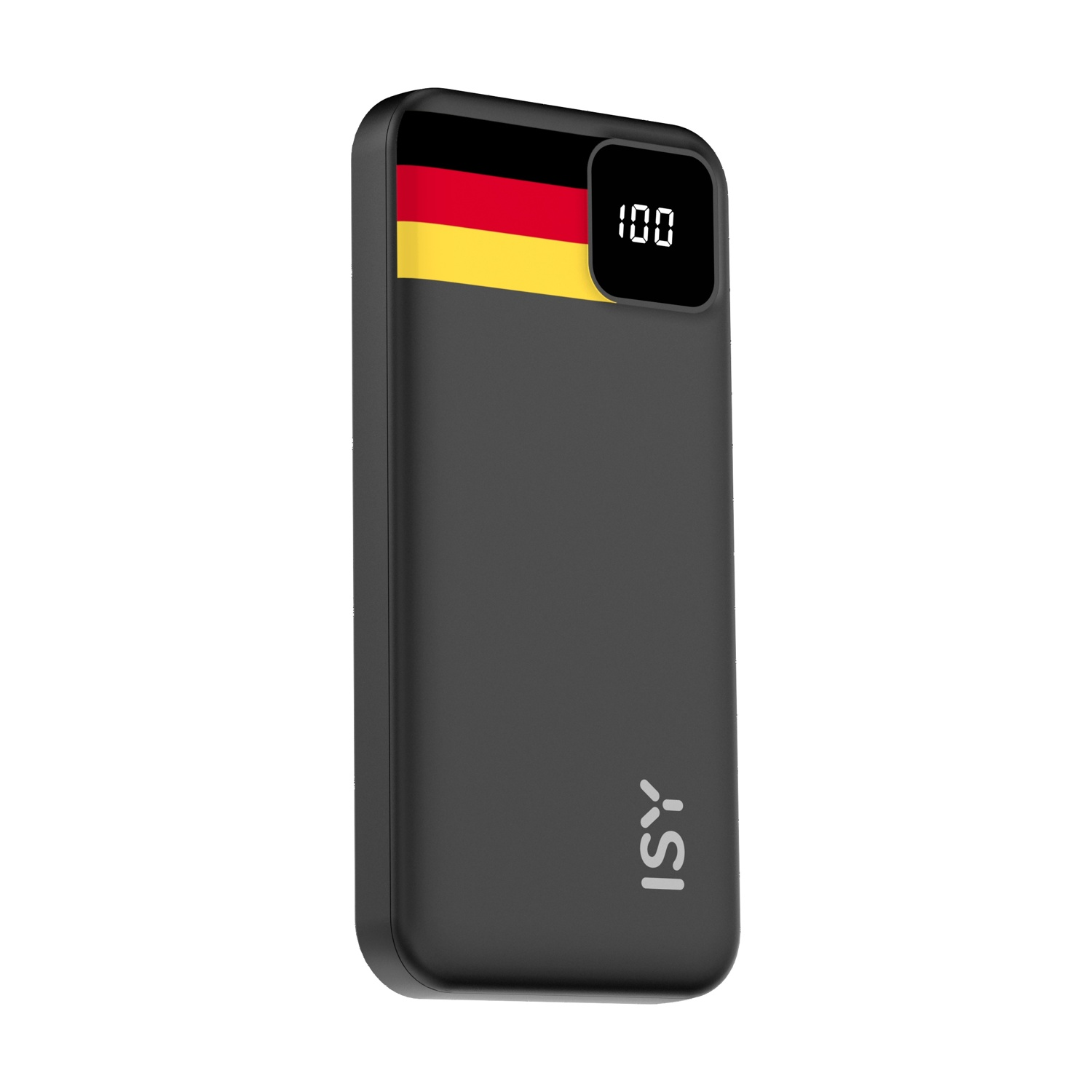 Power bank nero con colori bandiera tedesca e display digitale 100.