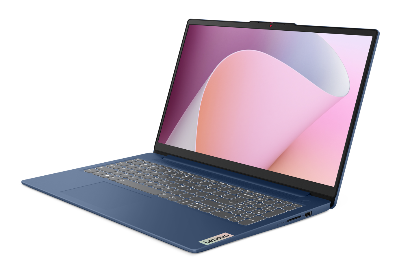 Niebieski laptop Lenovo jest ustawiony pod kątem na czarnym tle, wyświetlając abstrakcyjną różowo-purpurową grafikę na ekranie.