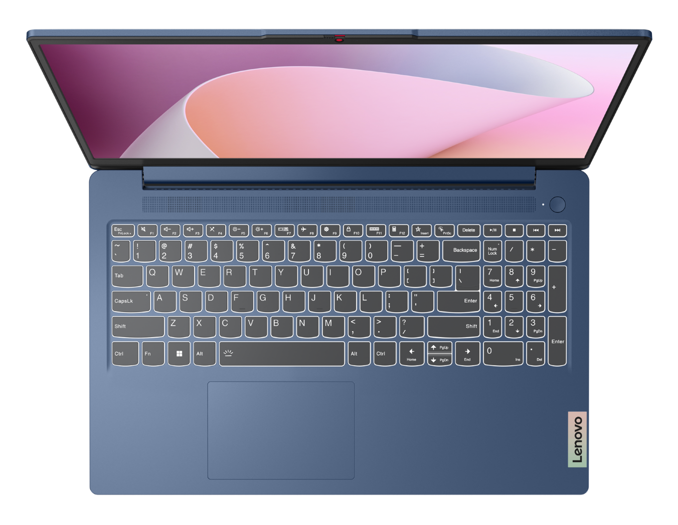 Niebieski laptop z otwartym ekranem i klawiaturą. Ekran przedstawia abstrakcyjną grafikę w kolorach różowym i białym.