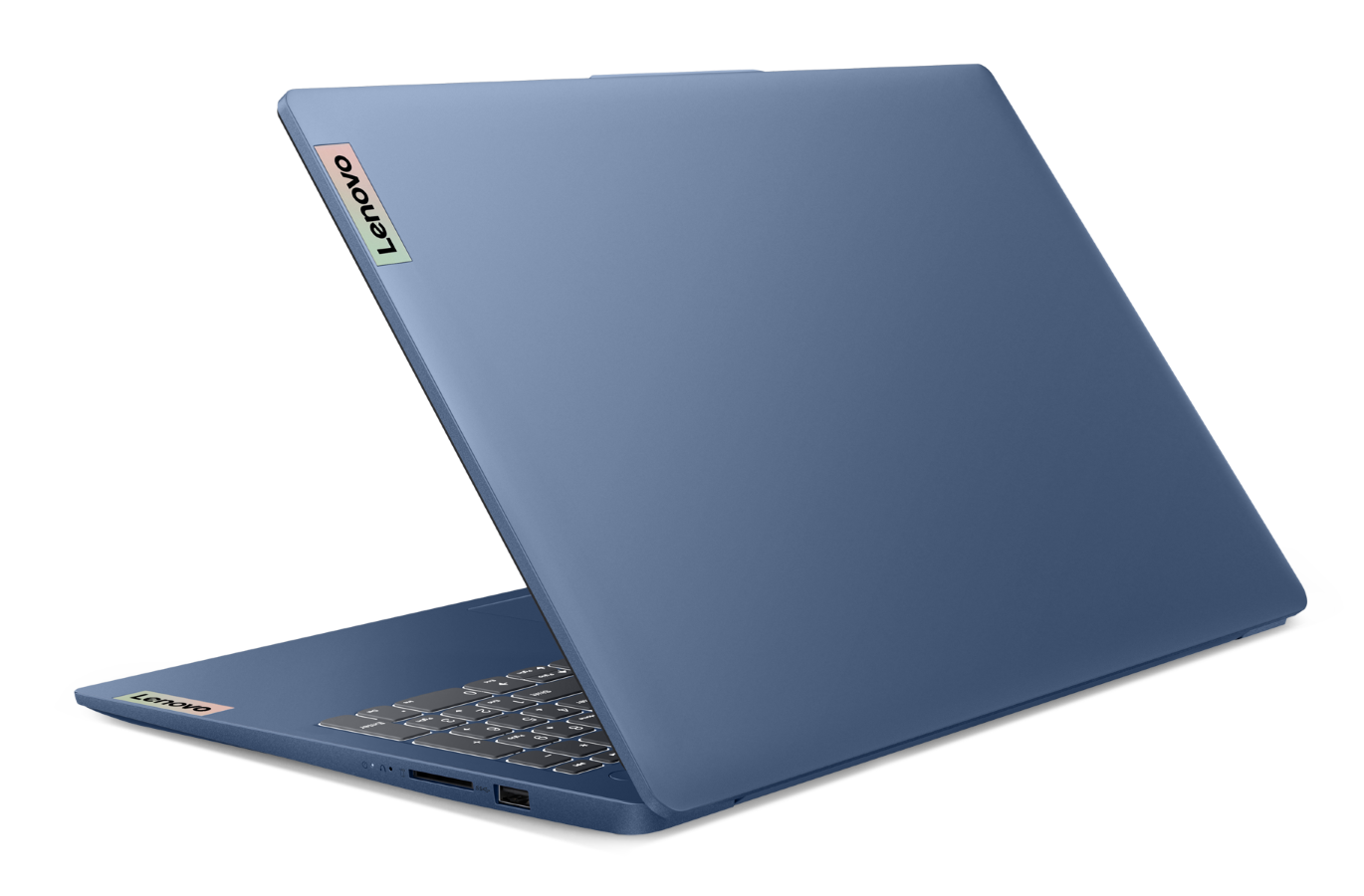 Niebieski laptop Lenovo jest otwarty, widoczna klawiatura.