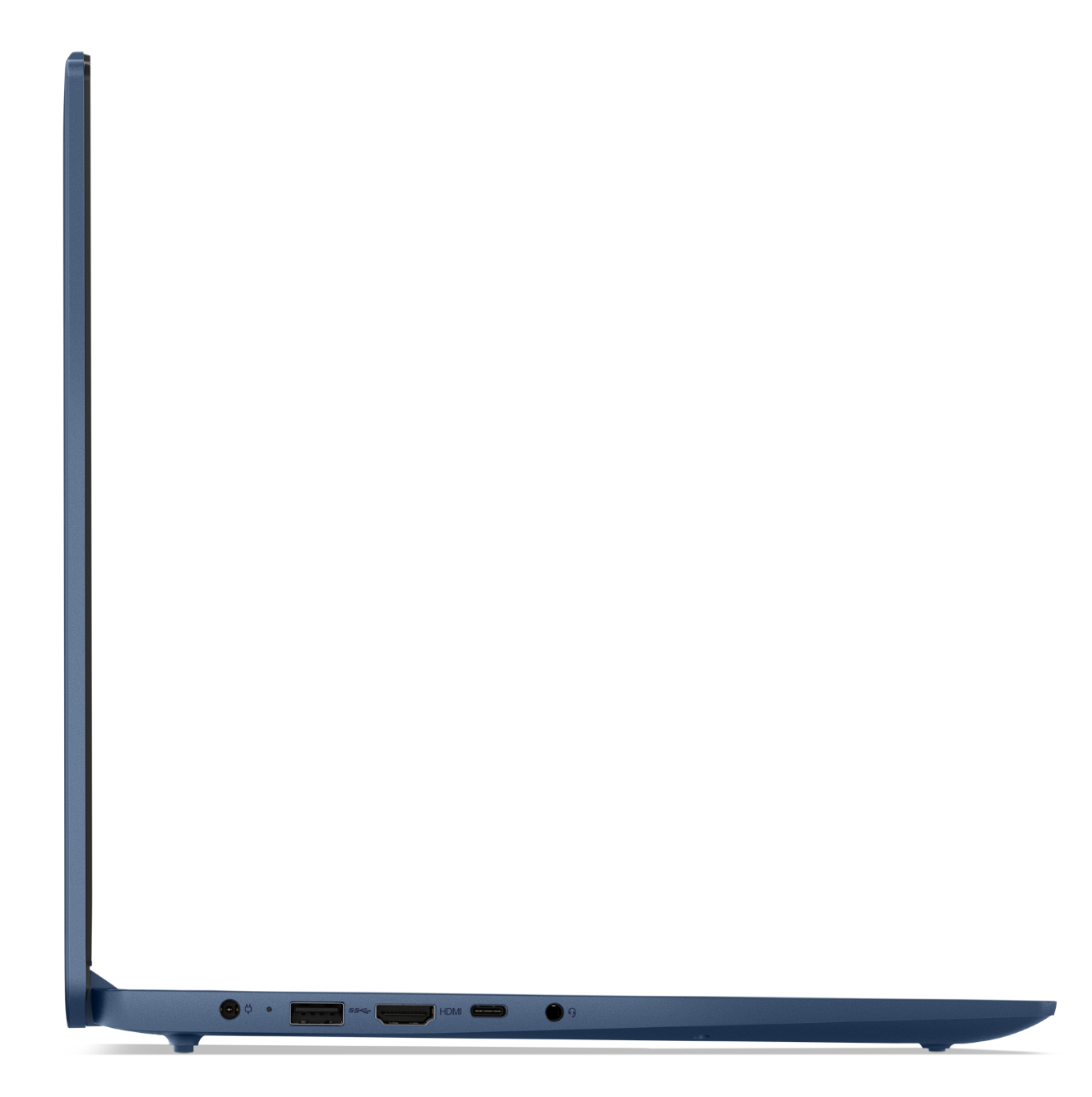 Boczny widok niebieskiego laptopa z portami: USB, HDMI, Type-C i słuchawkowym.