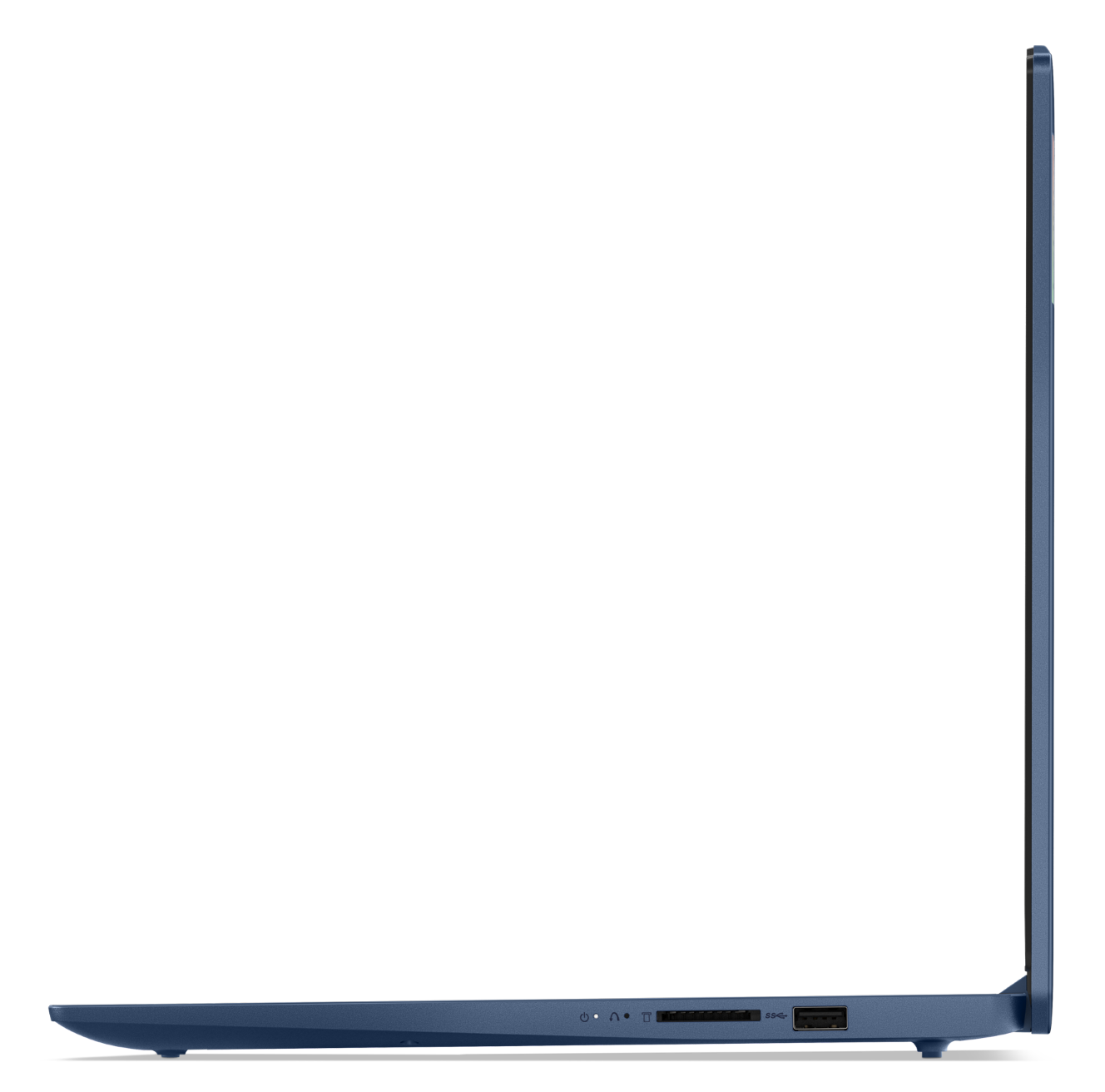 Niebieski laptop z boku z portami.