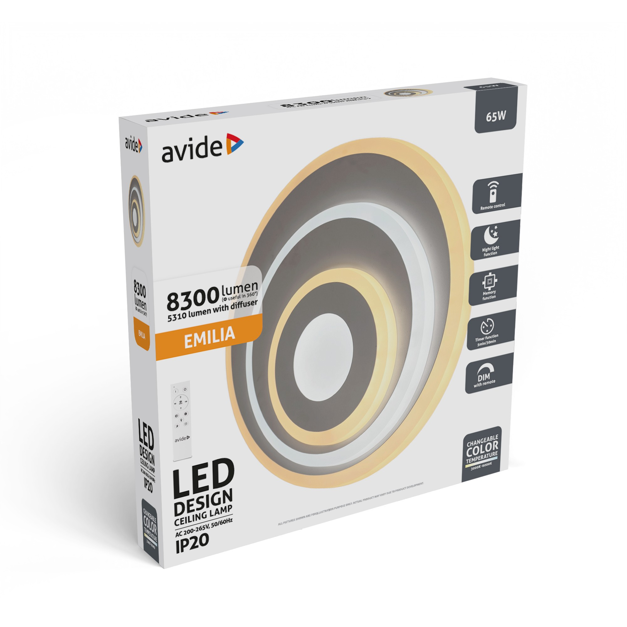 Egy kerek mennyezeti lámpa csomagolása távirányítóval, 8300 lumen.