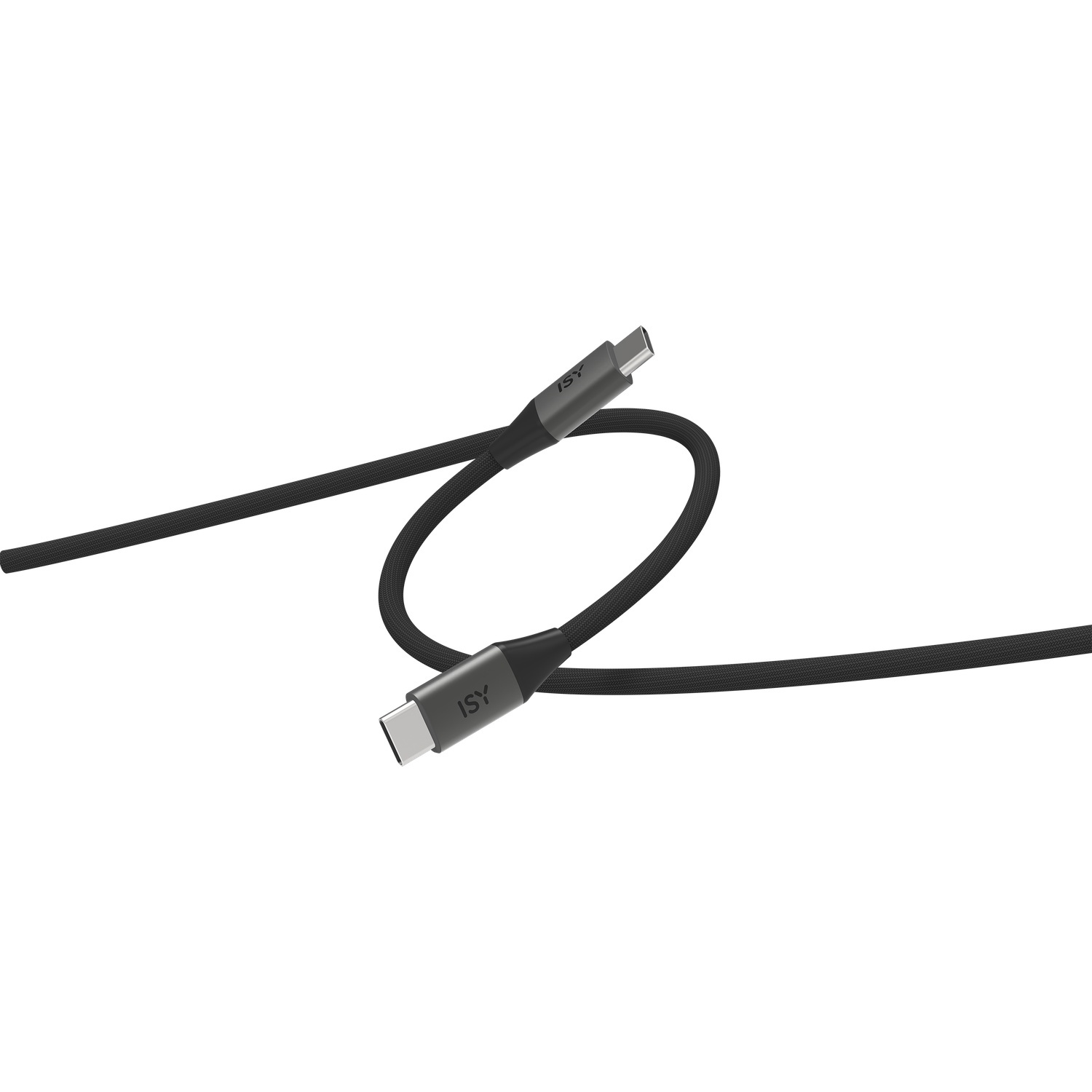 Een zwarte USB-C naar USB-C-kabel, met het 'ISY'-logo op beide zilveren connectoren, is opgerold op een witte achtergrond.