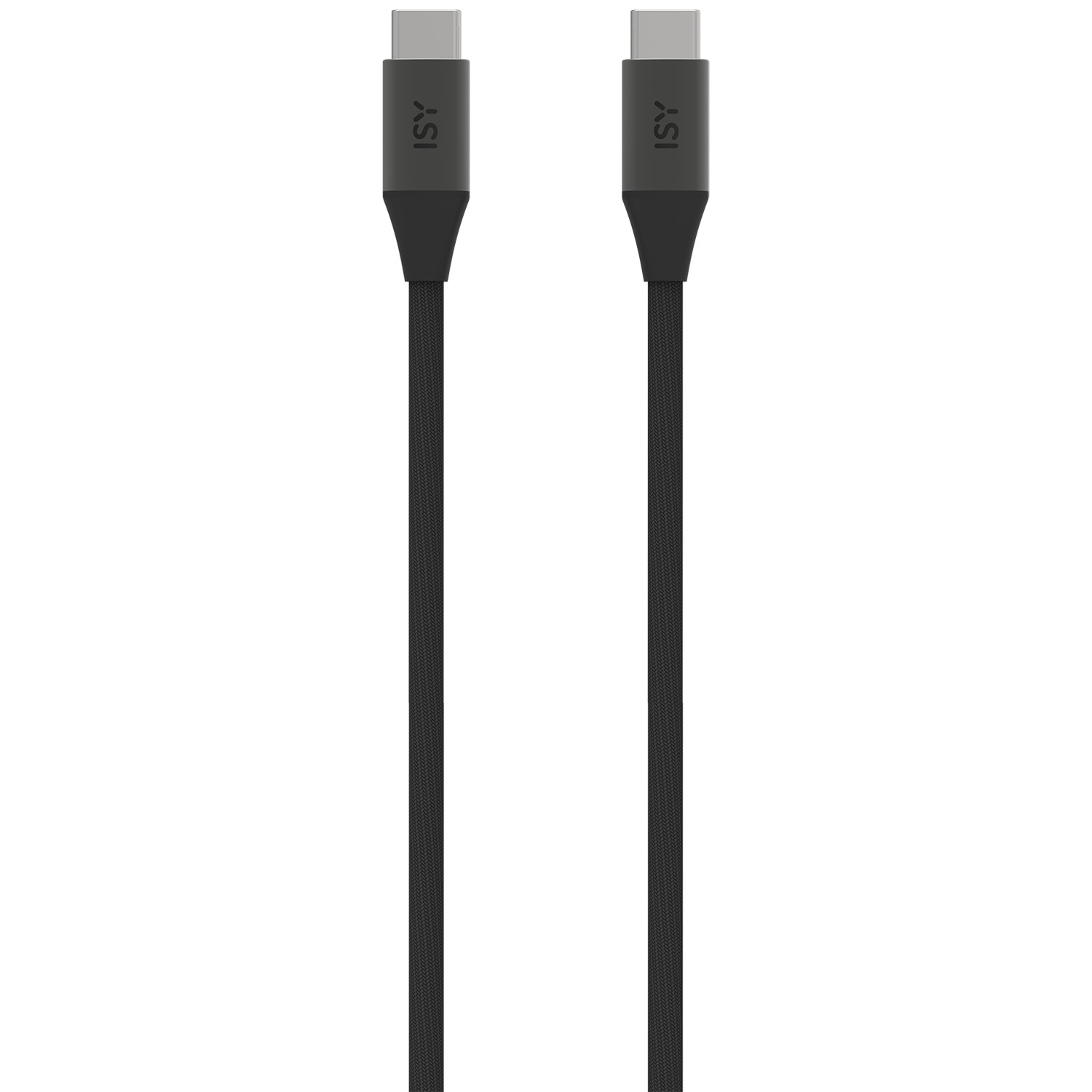 Twee zwarte USB-C kabels met grijze connector en zwart ISY-logo.
