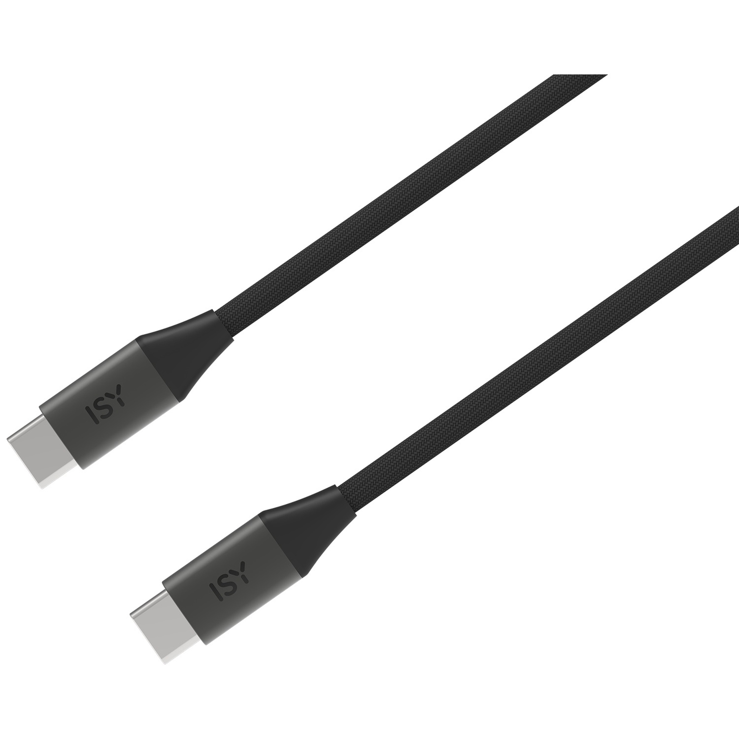 Twee zwarte USB-C kabels met ISY logo op witte achtergrond.