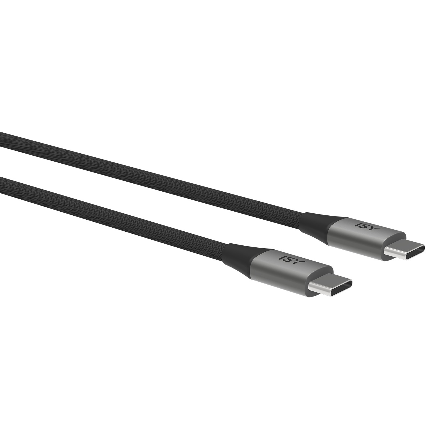 Twee zwarte USB-C kabels met grijze connectoren en ISY-logo.