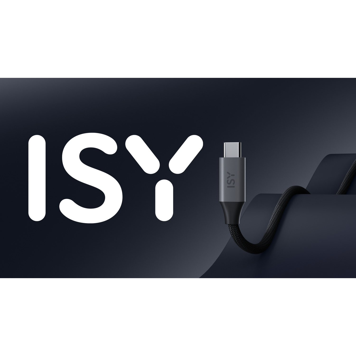 Grote witte ISY-letters naast een grijze USB-C-connector met zwart kabel.