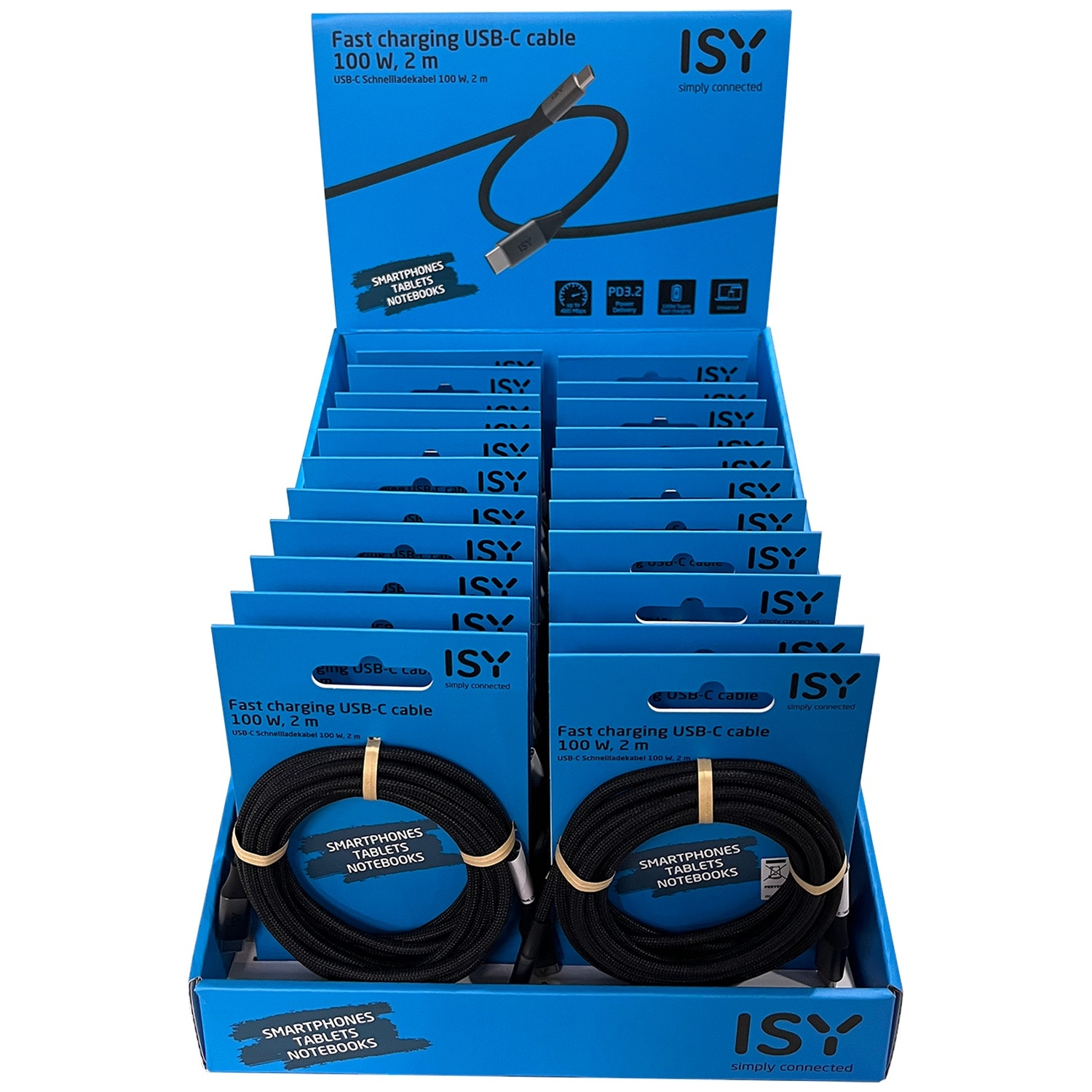 Een blauwe displaystandaard met talrijke snellaad USB-C kabels. De bovenste kabel is zwart en opgerold, met "ISY simply connected" branding.