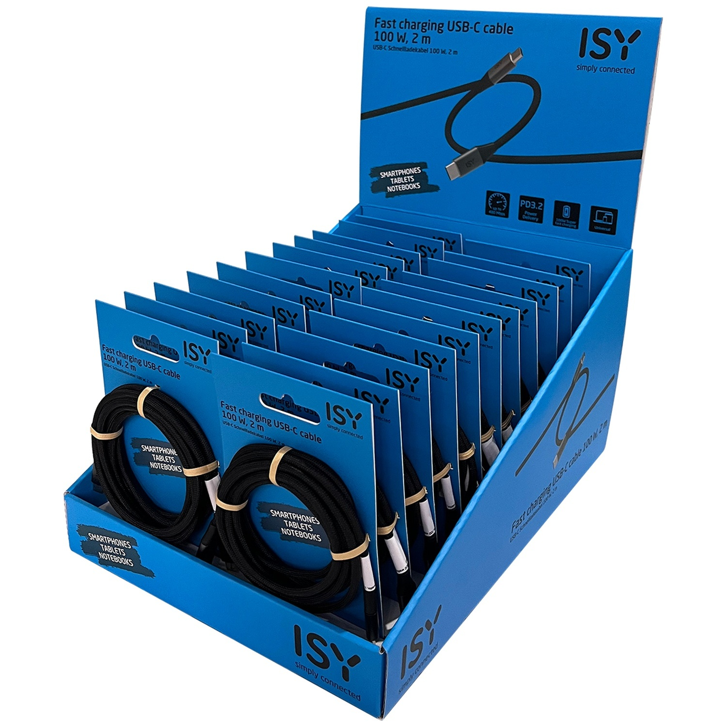 Een blauwe displaystandaard gevuld met meerdere zwarte USB-C snellaadkabels, elk opgerold en verpakt.