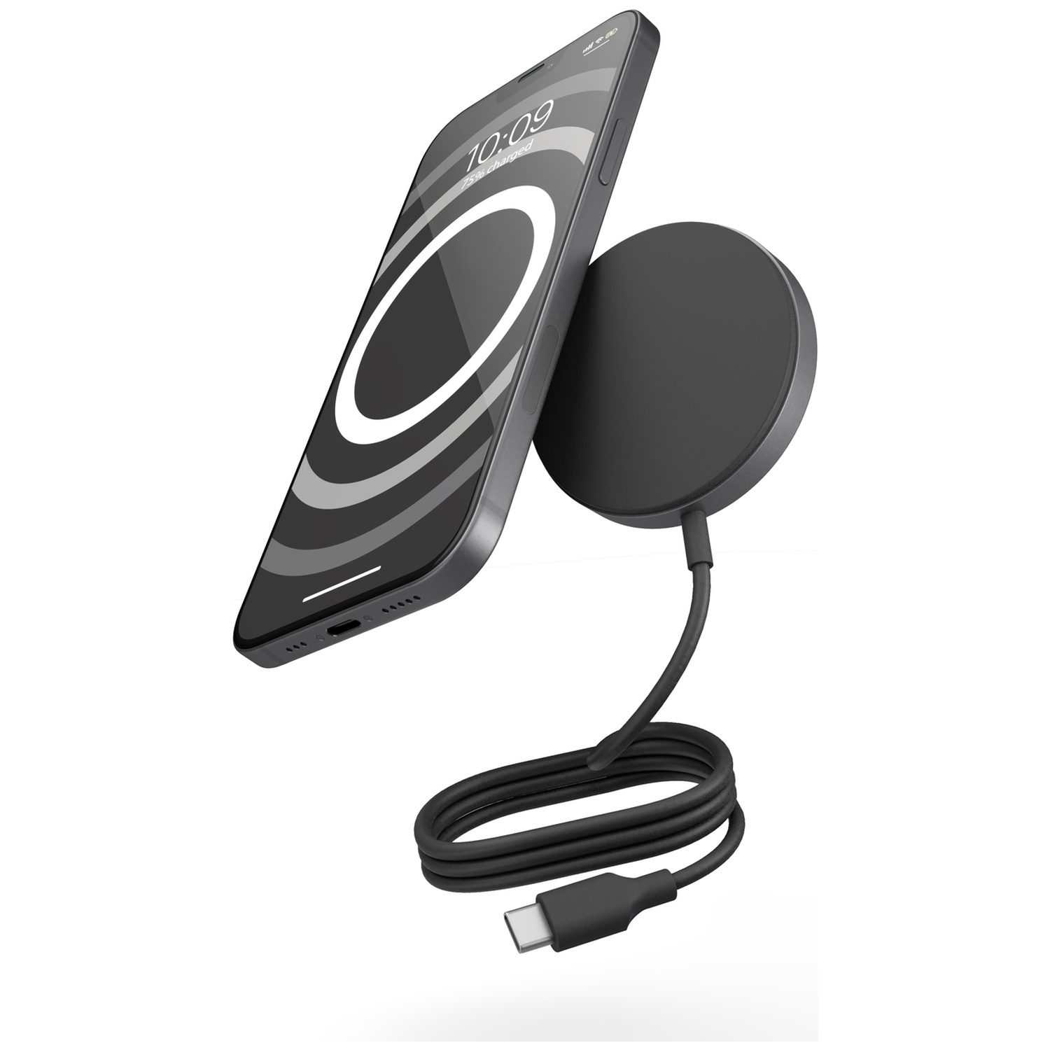 A black smartphone is angled, magnetically attached to a circular black wireless charger with a coiled black cable.
