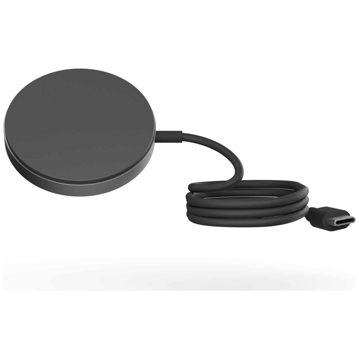 A black circular wireless charging pad with a coiled black USB-C cable extending from its right side on a white background.