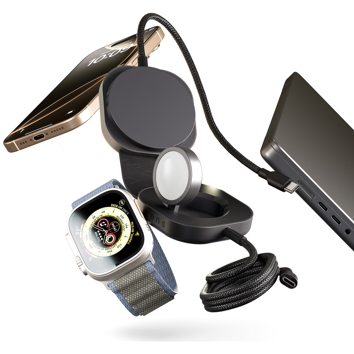 A gold iPhone, silver Apple Watch, and black power bank are connected to chargers.