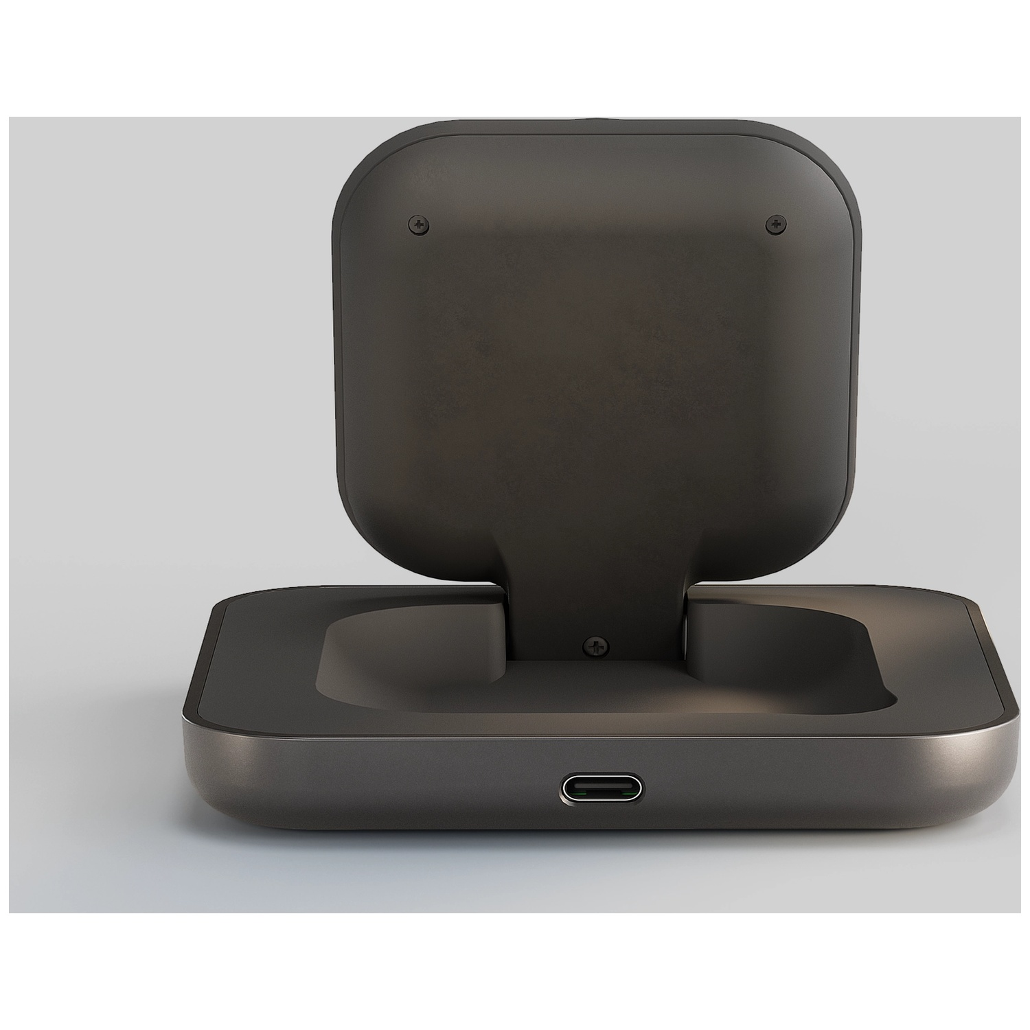 A dark grey charging case with a USB-C port is open on a light grey background.