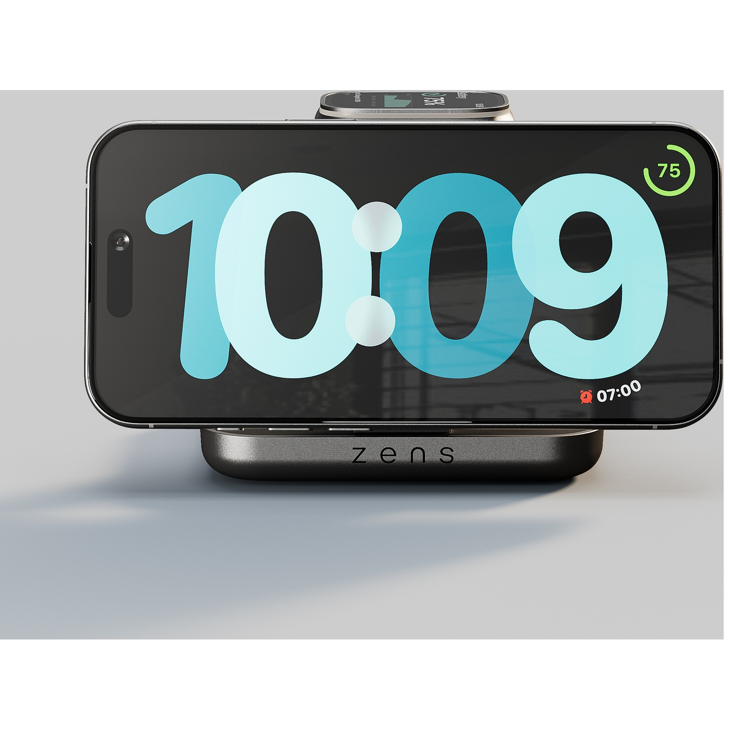 A smartphone displays 10:09, placed on a Zens charging stand.