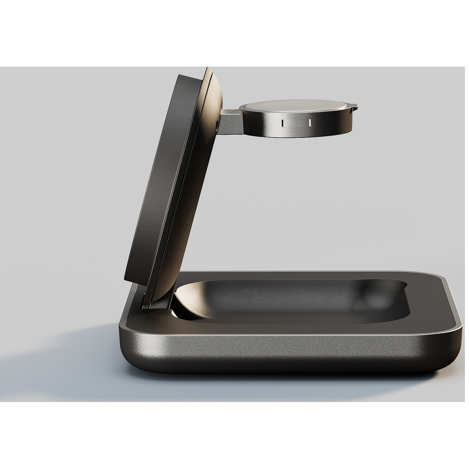 A dark charging stand with a circular element on top.
