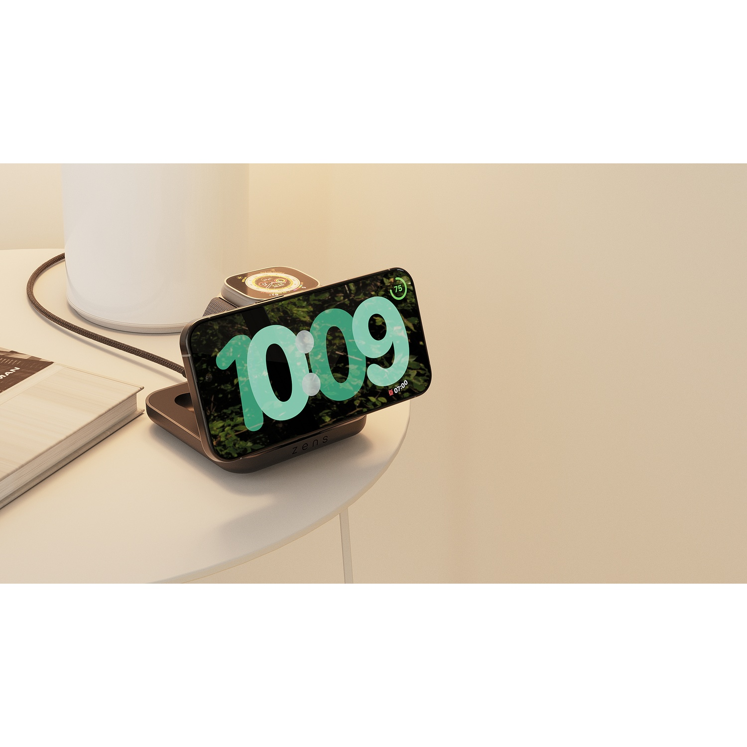 A smartphone showing 10:09 and 75% battery on a charging stand.