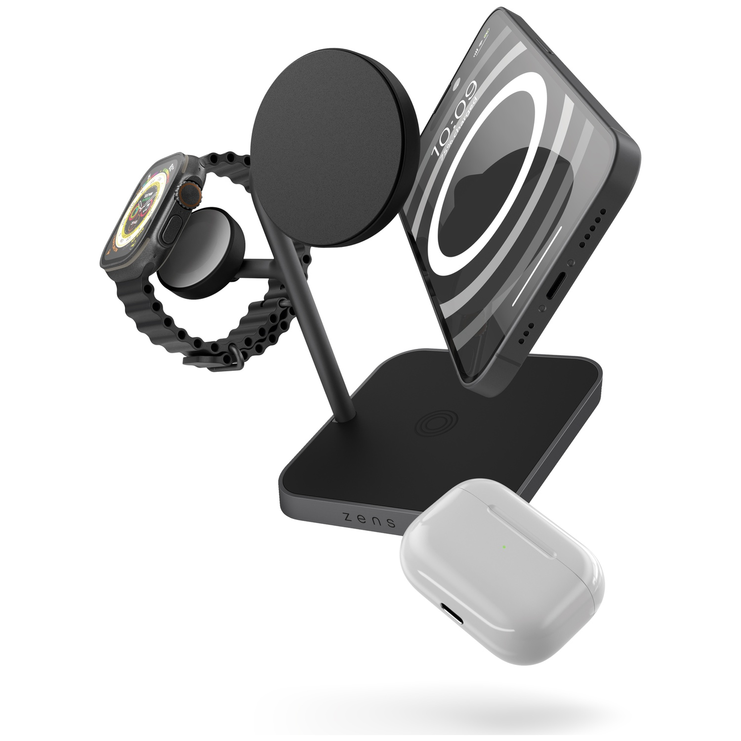 Black charging stand for Apple Watch, iPhone, and AirPods with a white charging case.
