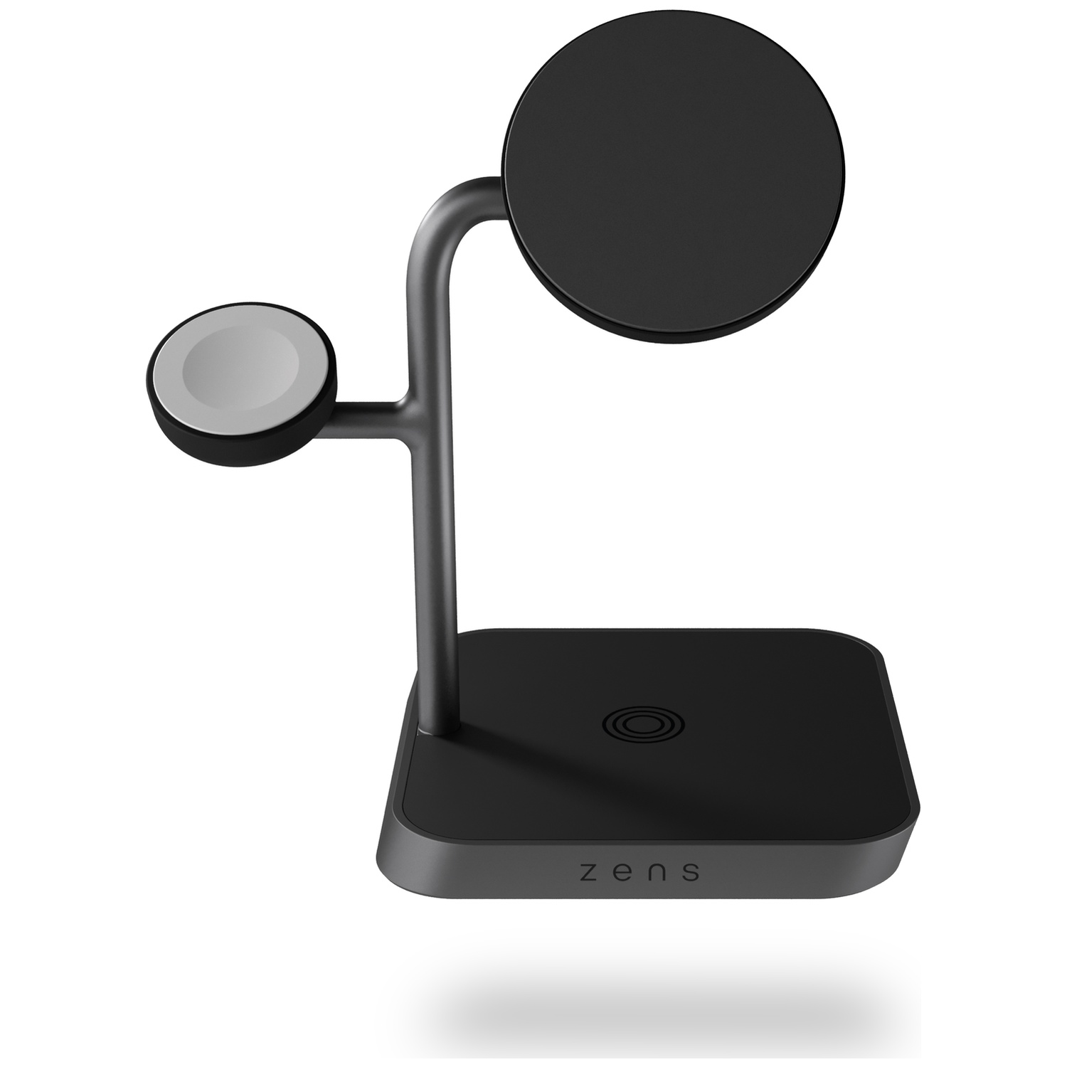 A black Zens charging stand with a circular pad for a phone and a smaller pad for a watch.
